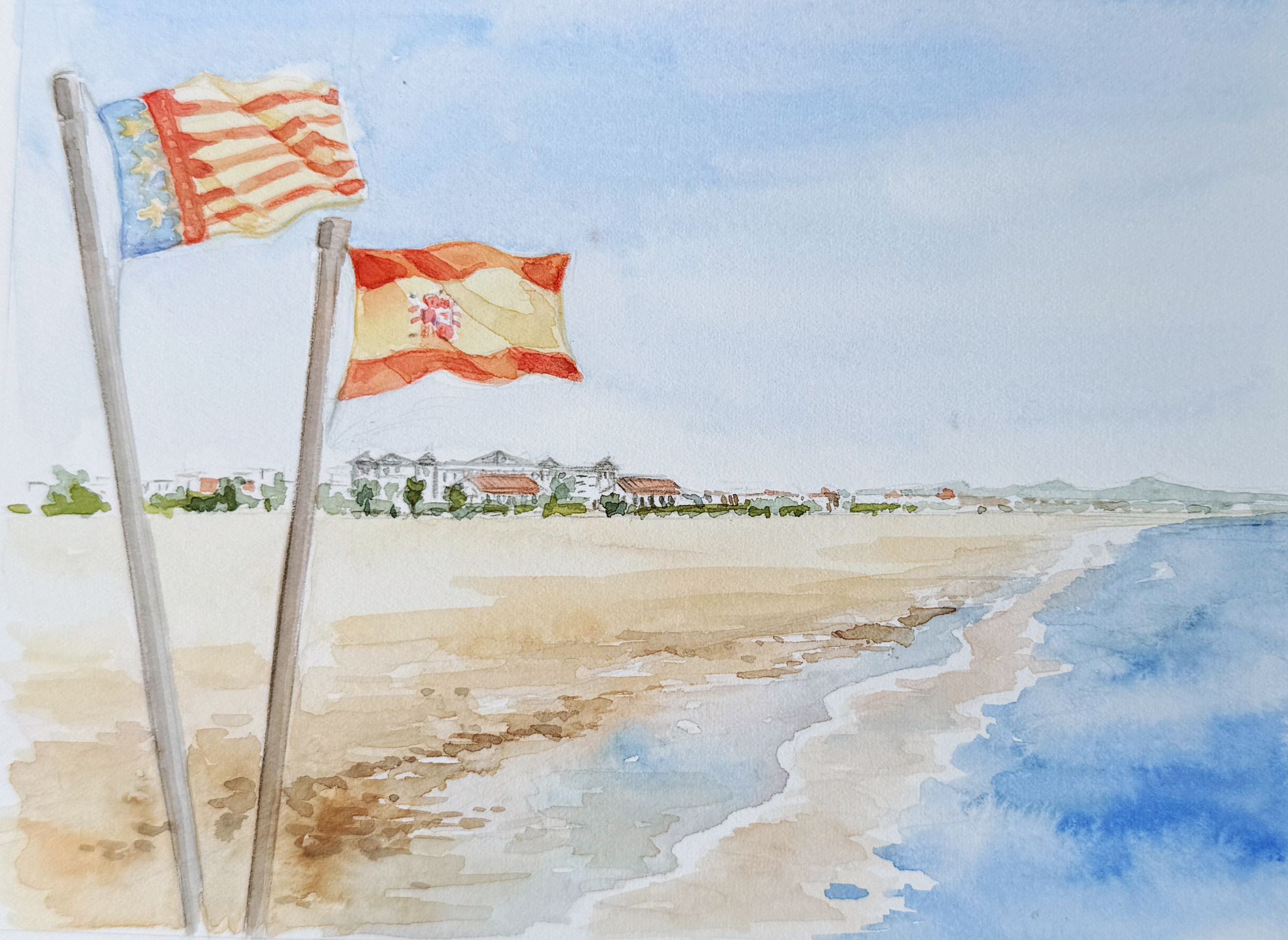 [Acuarela de la playa de Valencia y banderas]